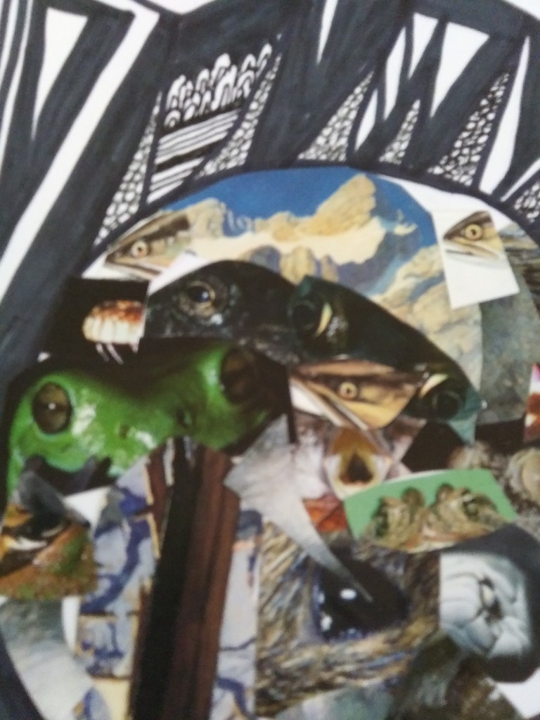 Abstract collage featuring a mix of animal eyes, teeth, and nature imagery, layered in a circular composition with bold, contrasting black and white patterns in the background.