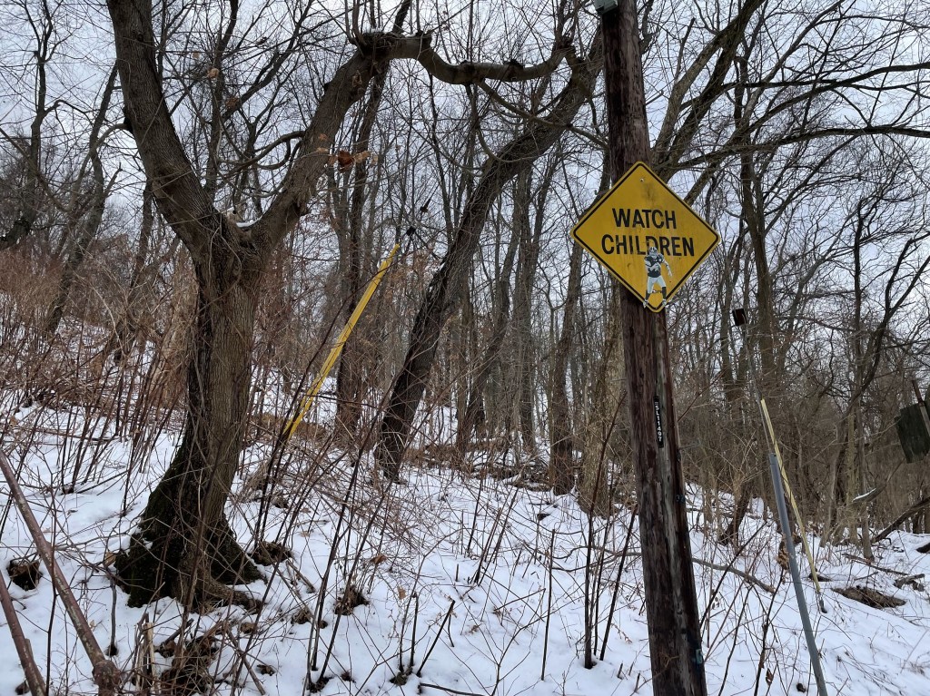 A yellow 'Watch Children' road sign mounted on a wooden pole, partially covered with a Pittsburgh Steelers Player sticker, set against a snowy hillside with bare trees in a quiet, wintery forest.