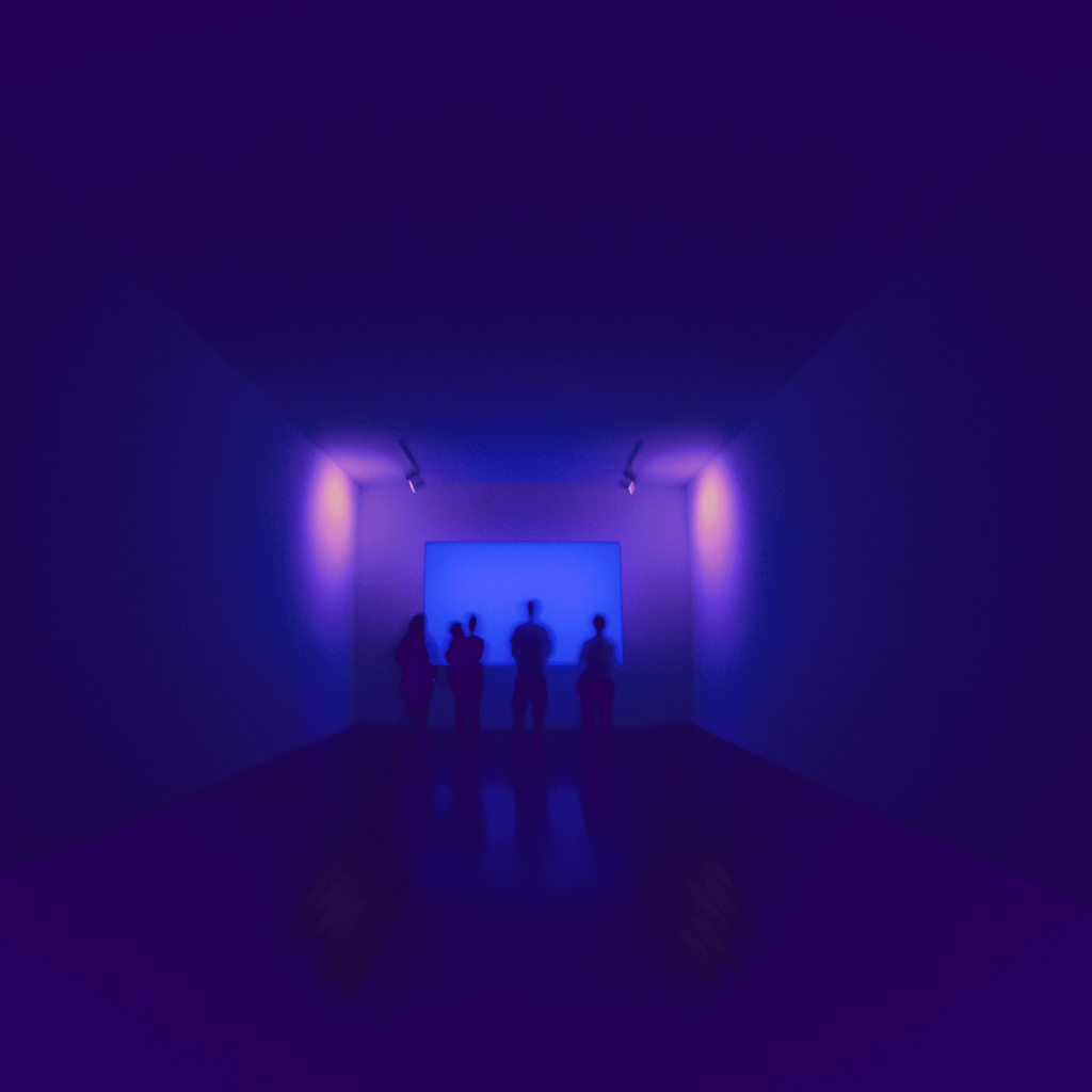 "A dimly lit, futuristic-looking gallery room bathed in deep purple and blue light. Five silhouetted figures stand at the far end, gazing at a glowing rectangular blue screen or digital artwork mounted on the wall. Spotlights above them cast a soft gradient of color, creating a surreal, immersive atmosphere."
