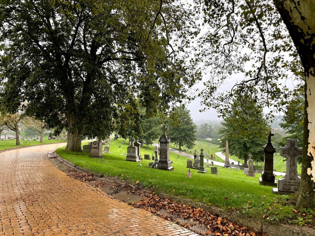 A historic cemetery in autumnal Pittsburgh, filled with headstones and family plots surrounded by a blanket of fallen orange and red leaves. Bright red foliage on a maple tree frames the scene, while the name “DETZEL” is visible on one of the stone plots. Section and plot markers like "SEC E" and "No 104" are engraved on stone barriers.