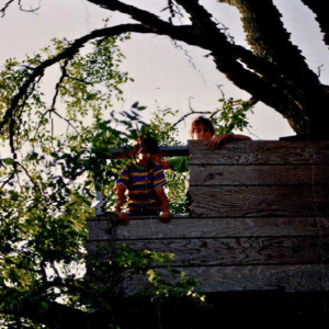 Two children peering out from a wooden treehouse built among leafy branches, one leaning over the edge in a striped shirt while the other grips the top plank, partially obscured by the structure and foliage.