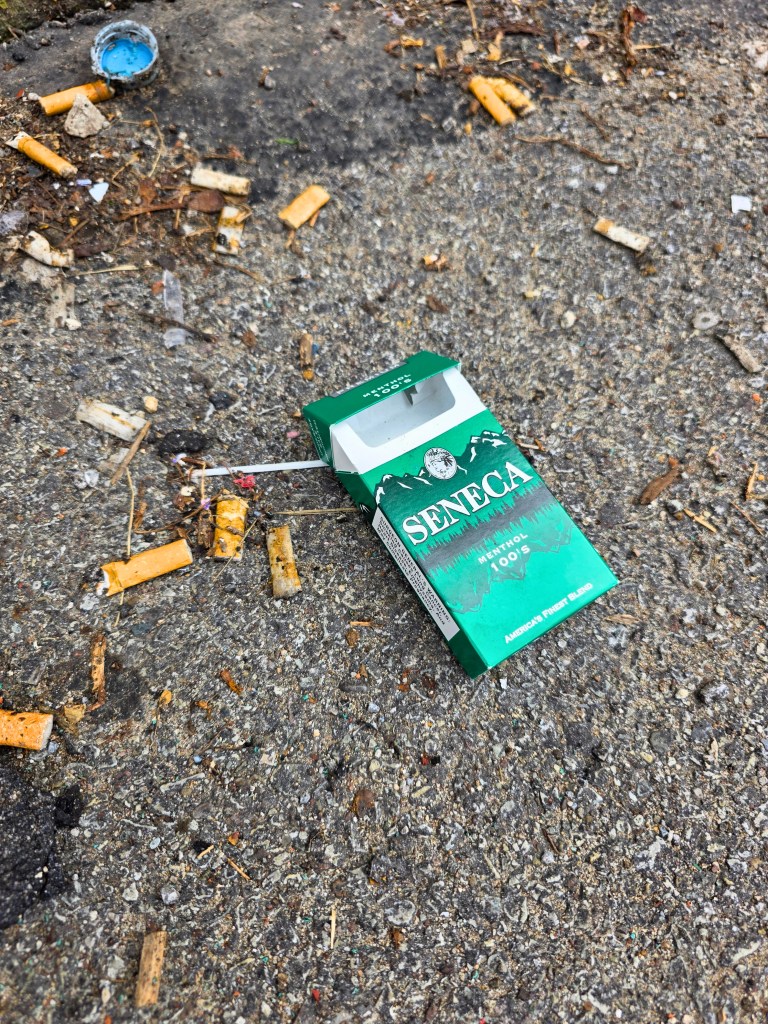 A discarded green pack of Seneca Menthol 100s cigarettes lies open on a gritty sidewalk, surrounded by numerous cigarette butts and small debris. A blue plastic bottle cap and bits of paper add to the urban litter scattered on the rough concrete surface.