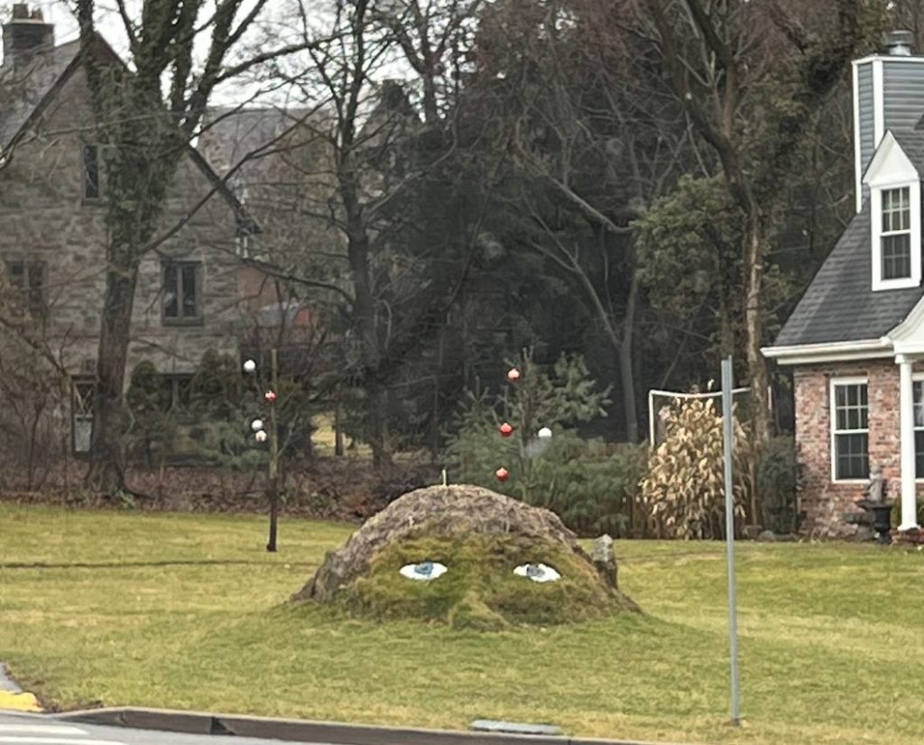 A whimsical lawn sculpture resembling a grassy creature with wide cartoonish eyes and mossy "eyebrows" appears to peek out from the ground in front of a brick house with dormer windows. The setting is a suburban neighborhood on a cloudy day, with leafless trees and a traffic light in the foreground.