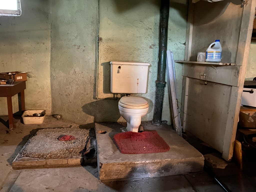 Cross Section of a Voyeur by Meghan Snatchko, an unfinished basement with a Pittsburgh Potty, surrounded by exposed pipes, and stained concrete walls in dim light. 
